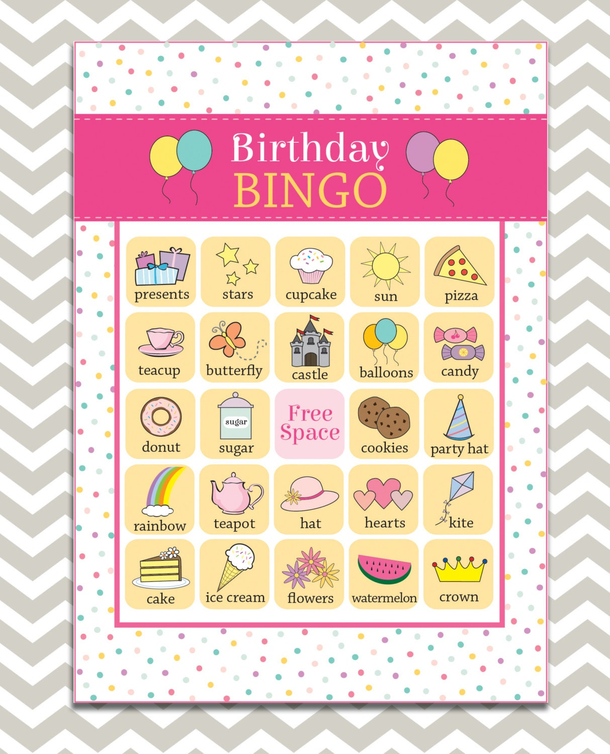 Printable Girl s Birthday Bingo 16 Unique Game Cards