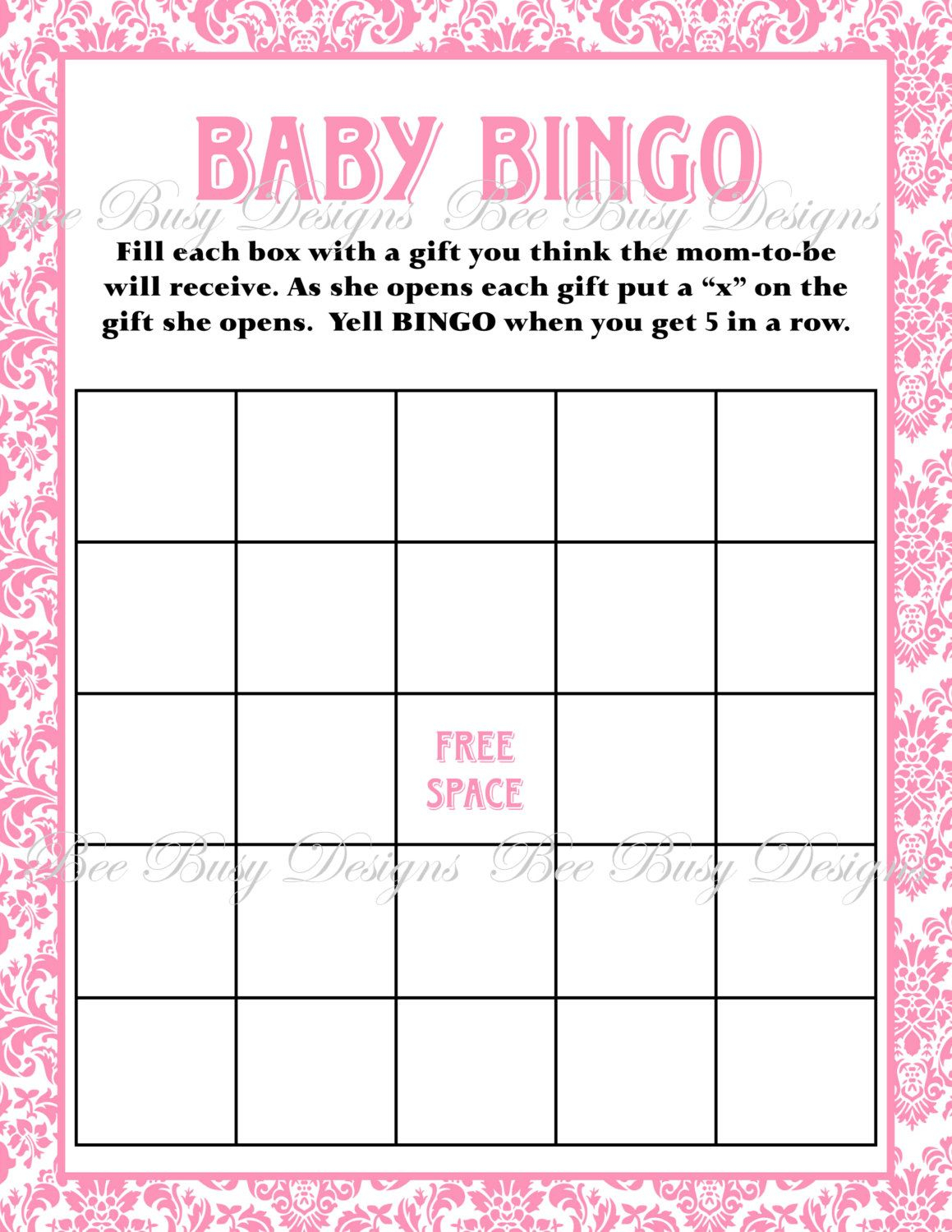 Printable Pink Damask Baby Shower Bingo Game Bingo Card 