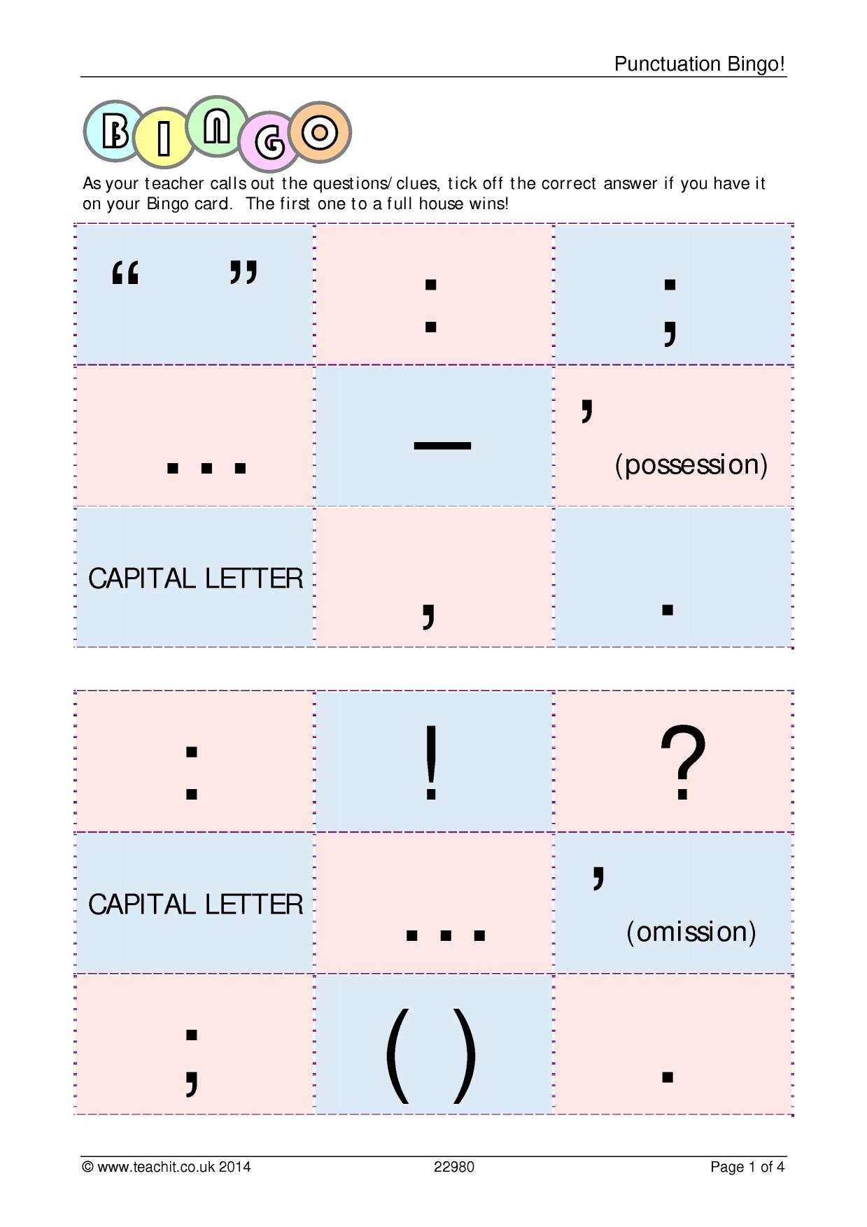 Printable Punctuation Bingo Card Printable Bingo Cards