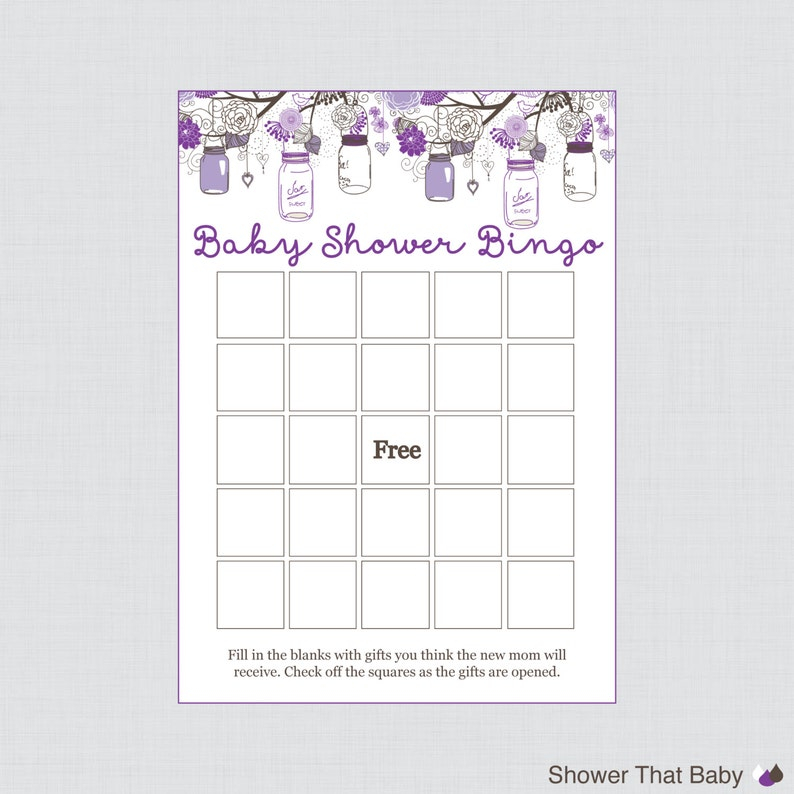 Purple Mason Jar Baby Shower Bingo Cards Printable 