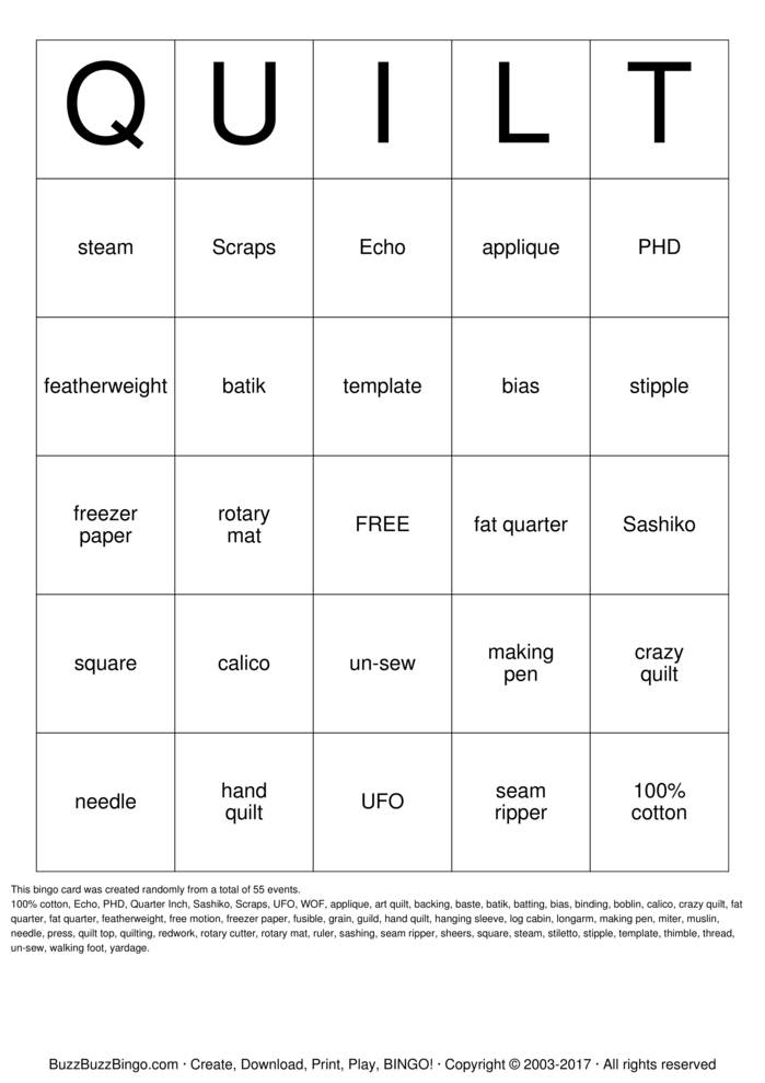 QUILT Bingo Cards To Download Print And Customize 