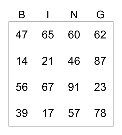 Random Numbers Bingo Card