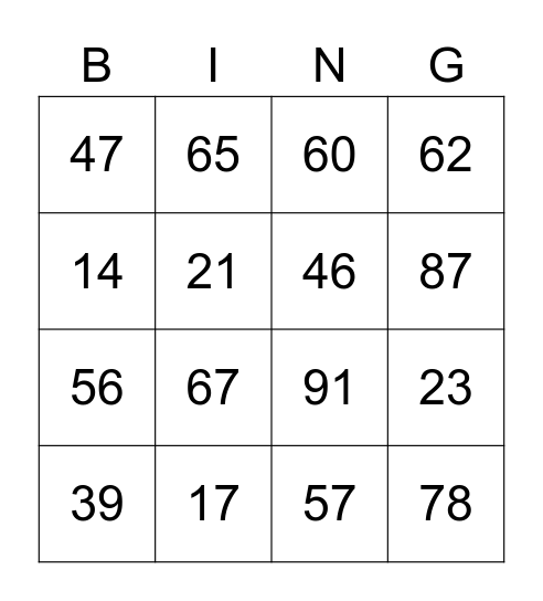 Random Numbers Bingo Card Random Numbers Bingo Card