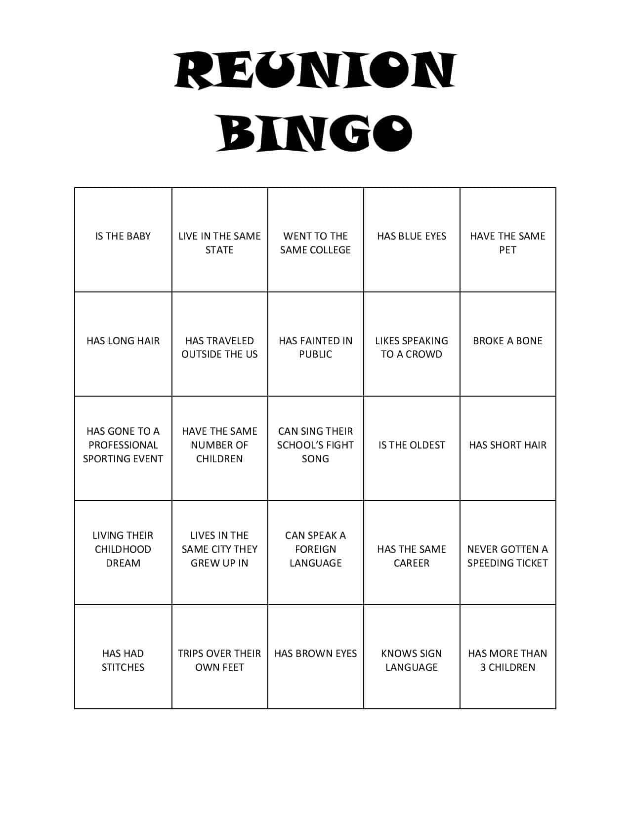 Reunion Bingo FREE Printable Family Reunion Planning 