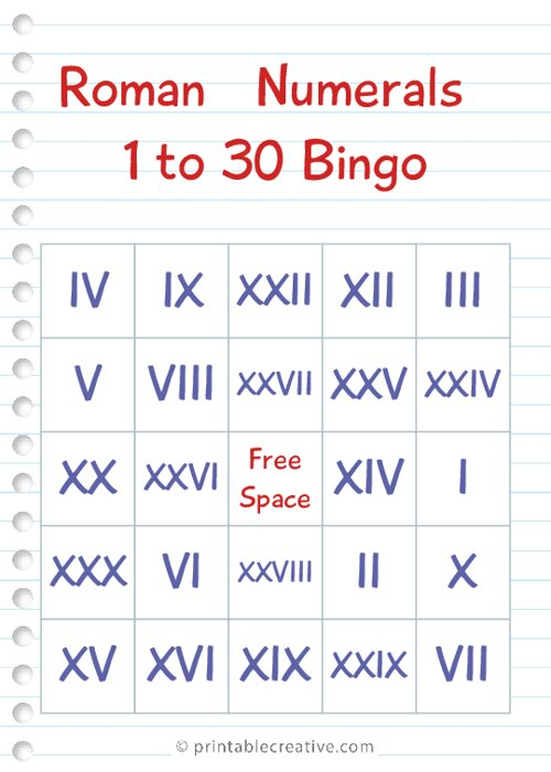 Roman Numerals 1 To 30 Bingo Free Printable Bingo Cards 