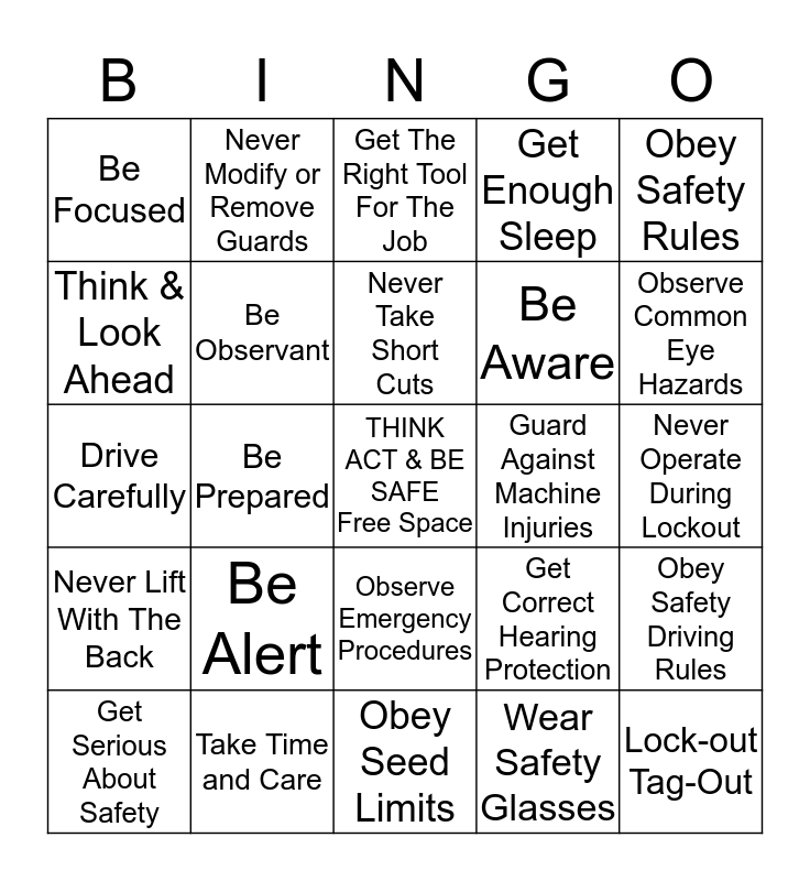 SAFE T WORD BINGO Card