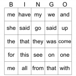 SIGHT WORD BINGO Card