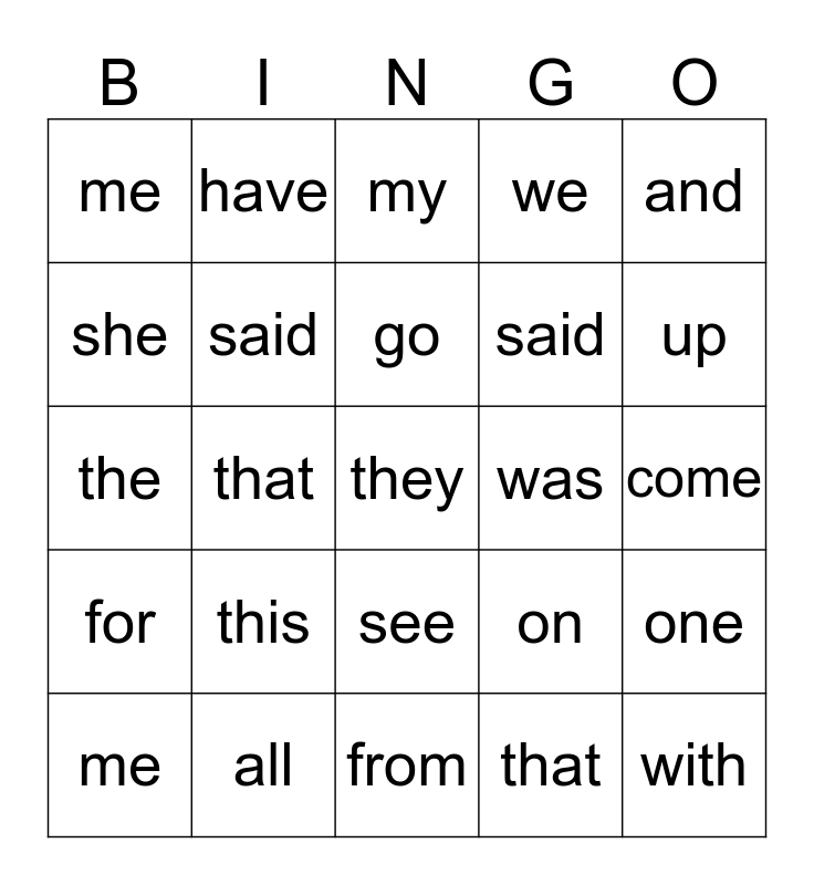 SIGHT WORD BINGO Card