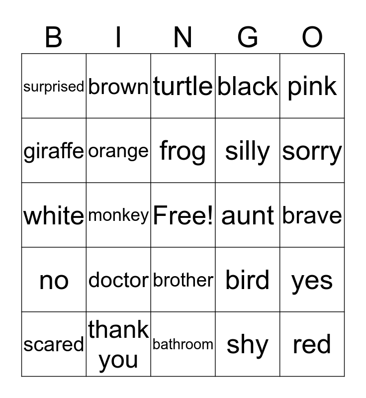 Sign Language Bingo Card