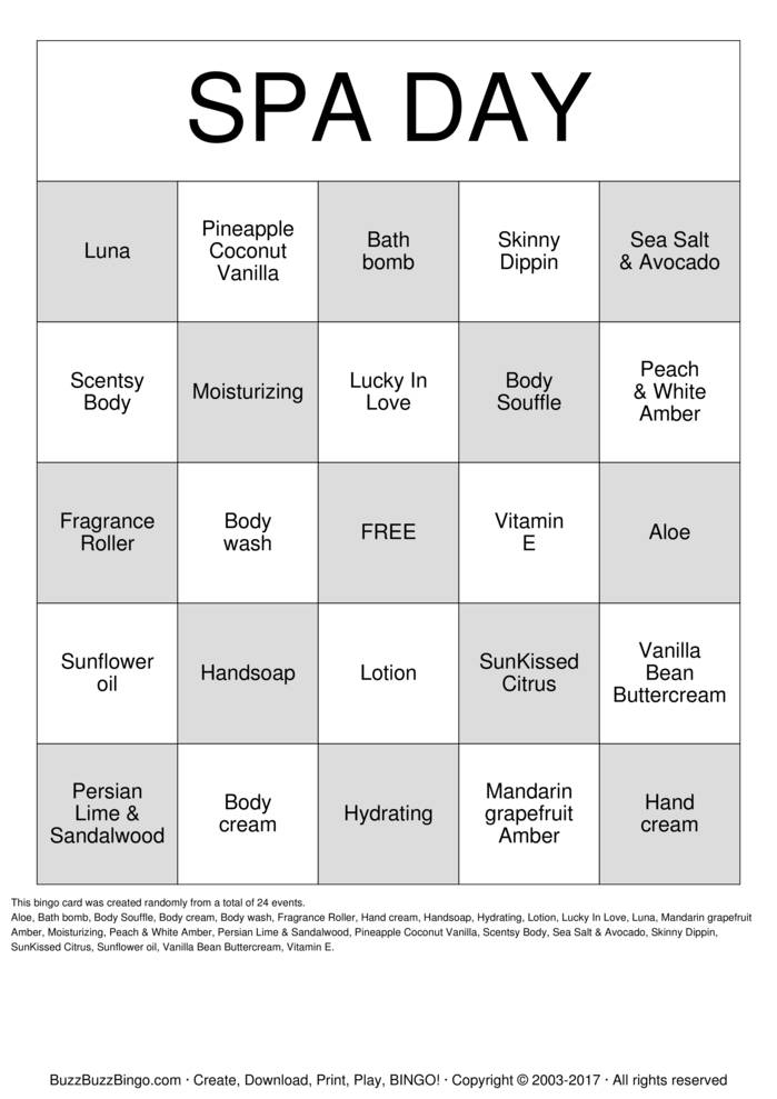 Spa Day Bingo Cards To Download Print And Customize 