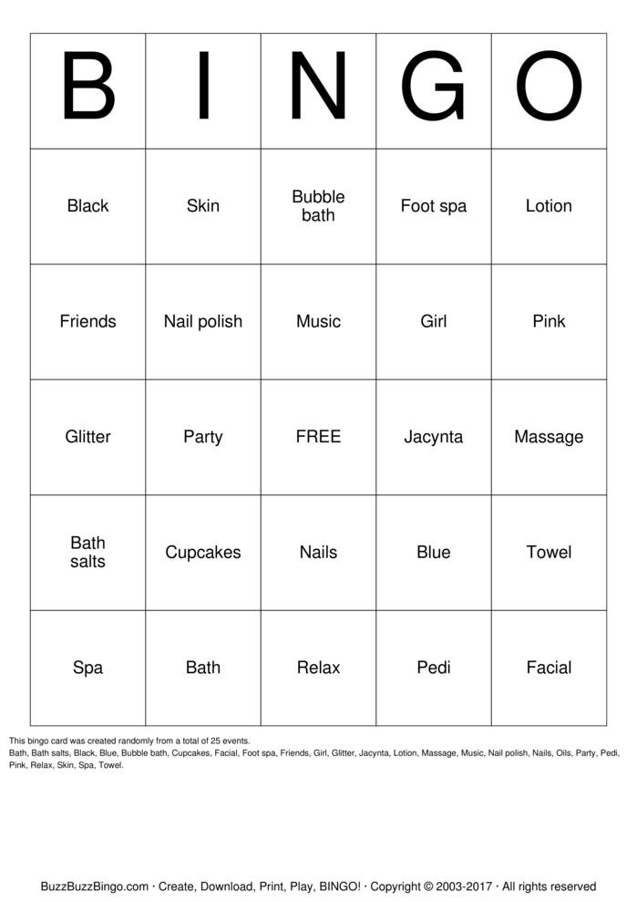 Spa Party Bingo Cards To Download Print And Customize 