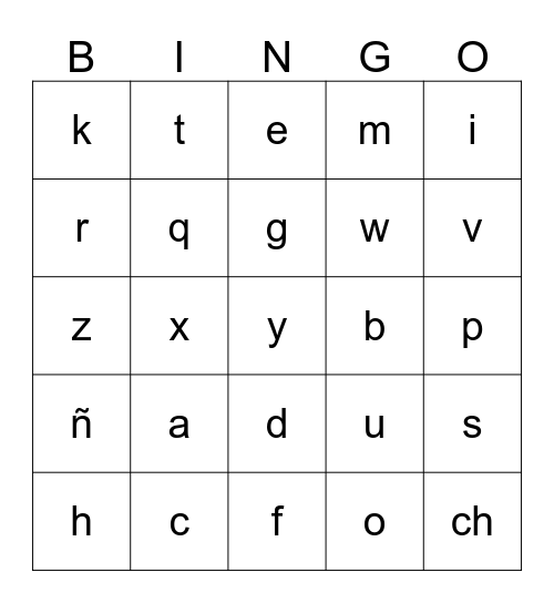 Spanish Alphabet Bingo Card