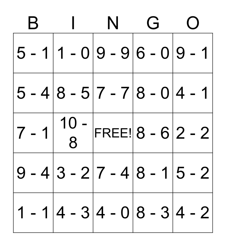 Subtraction Bingo Card