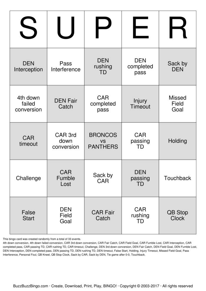 Super Bowl 50 Bingo Cards To Download Print And Customize