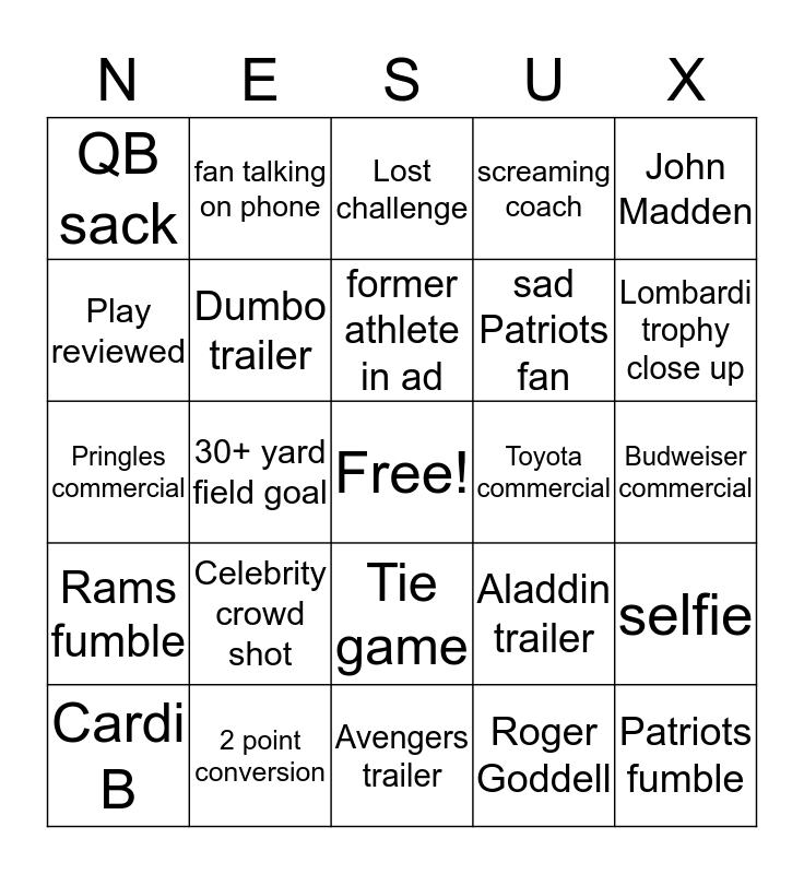 Super Bowl 53 Bingo Card