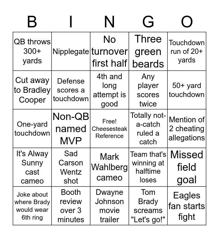 Super Bowl LII Bingo Bingo Card