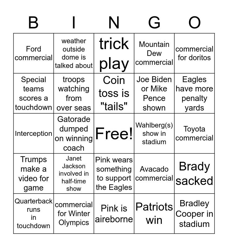 Super Bowl LII Bingo Card Super Bowl LII Bingo Card