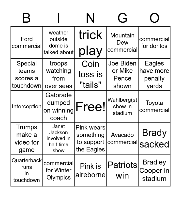 Super Bowl LII Bingo Card