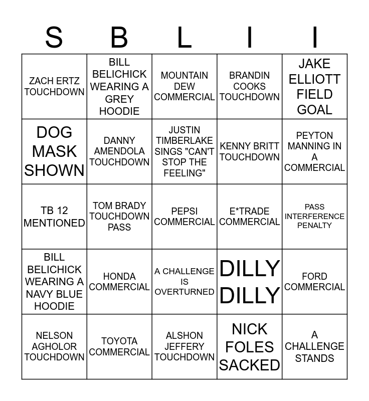 Super Bowl LII BINGO Card Super Bowl LII BINGO Card
