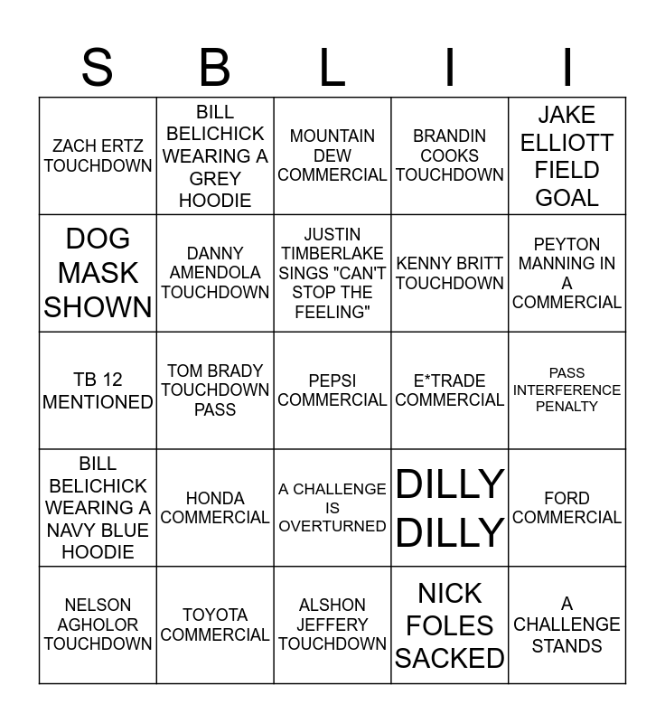 Super Bowl LII BINGO Card