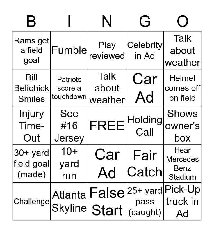 SUPER BOWL LII BINGO Rams Vs Patriots Bingo Card