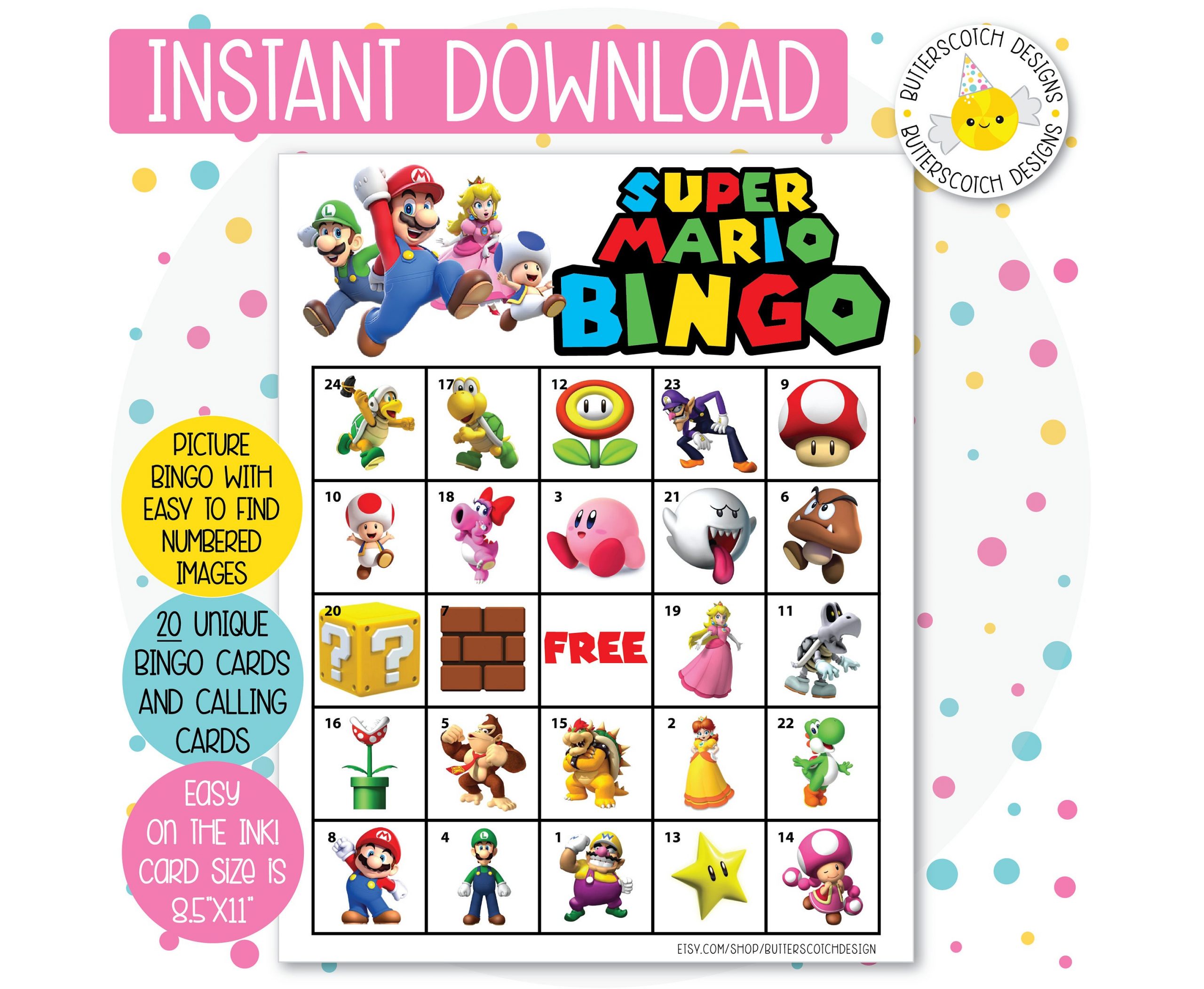 Super Mario Printable Bingo Cards 20 Different Cards