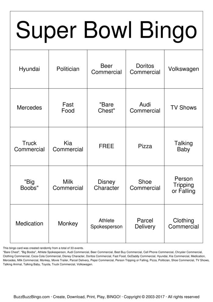 Superbowl Commercials Bingo Cards To Download Print And 