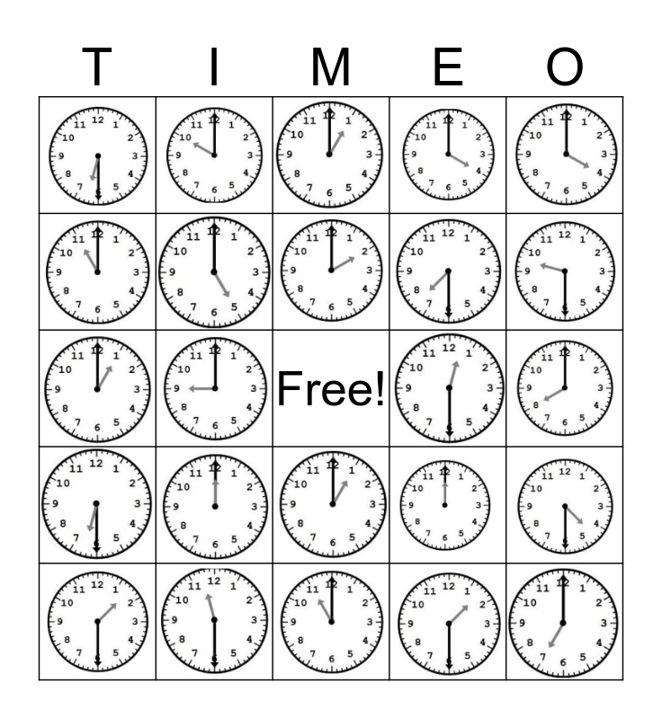 Telling Time Bingo Card