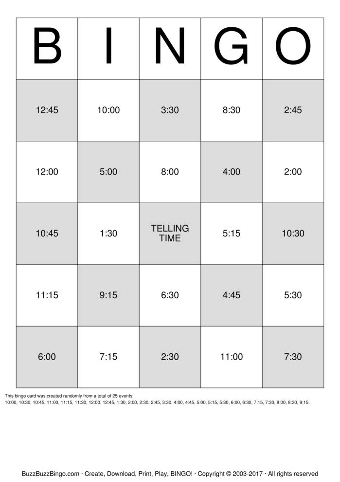 Telling Time Bingo Cards To Download Print And Customize 