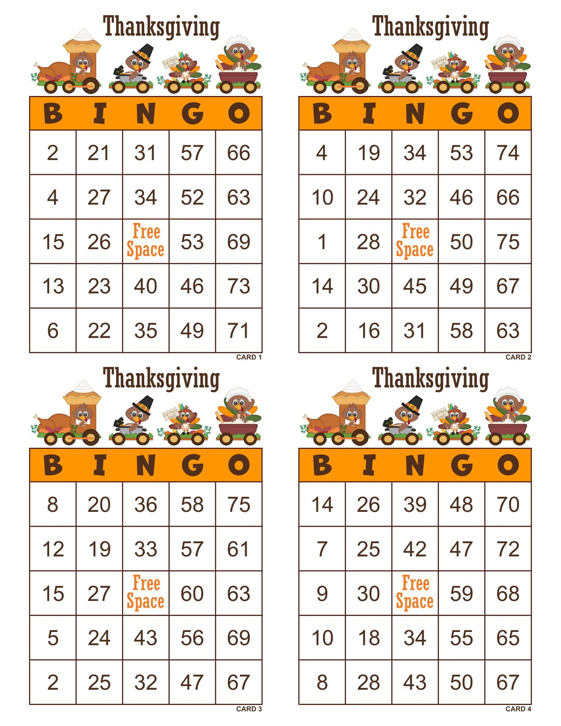 Thanksgiving Bingo Cards 1000 Cards 4 Per Page Immediate 