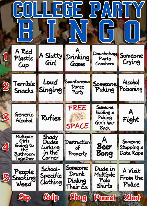 The College Party Bingo Card Drinking Game Holytaco 