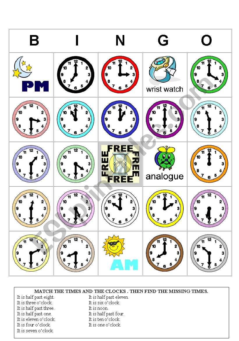 Time Bingo Esl Worksheetstoryteller Printable Bingo Cards