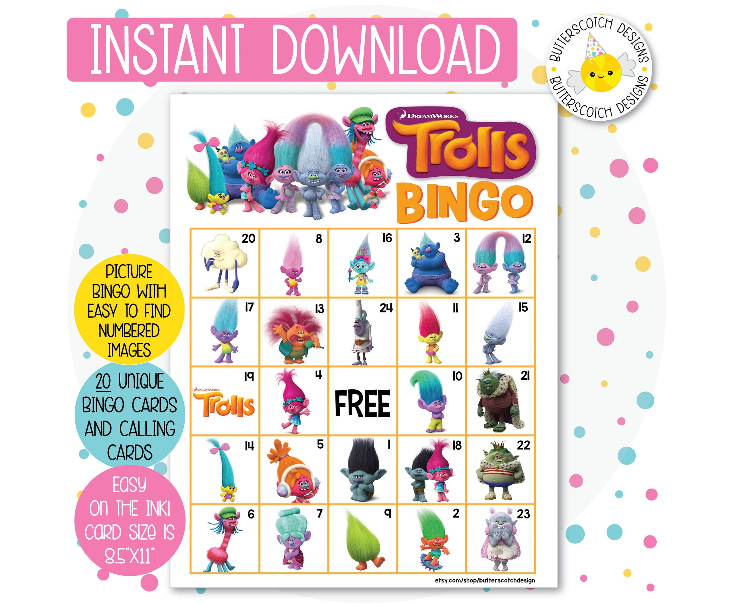 Trolls Printable Bingo Cards 20 Different Cards Instant Etsy