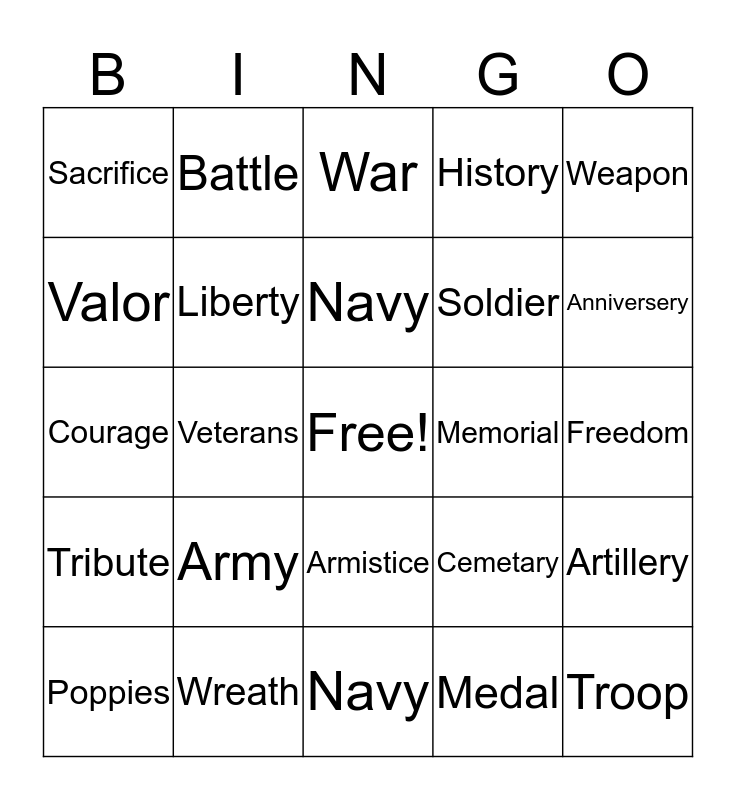 Veterans Day Bingo Card