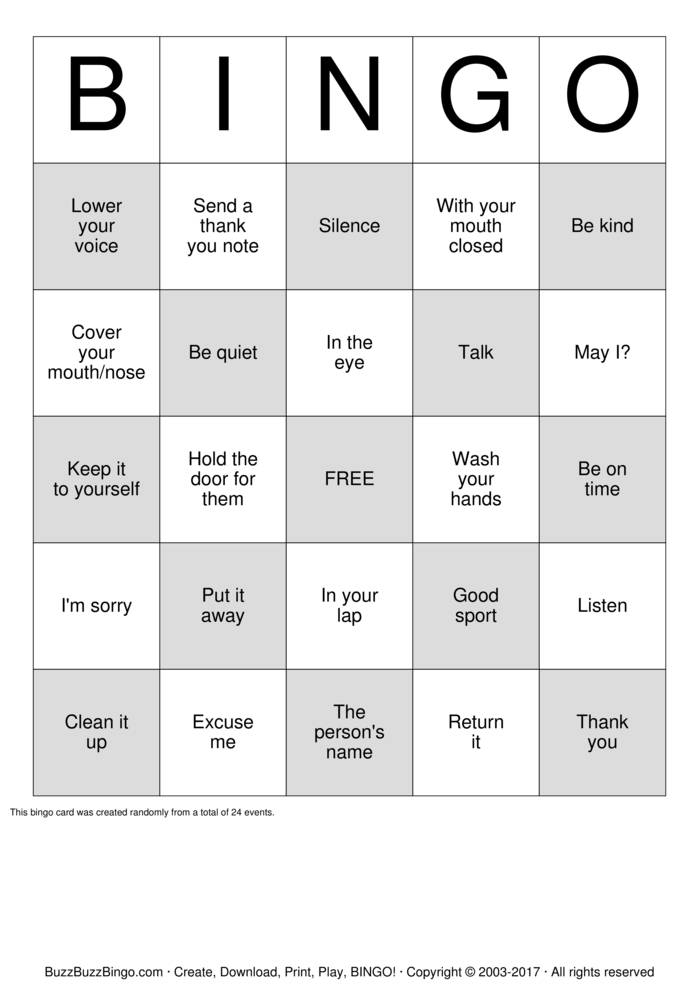 Manners Bingo Cards To Download Print And Customize 