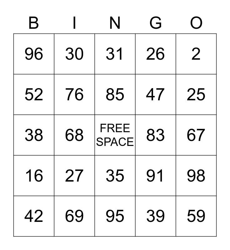 NUMBERS 1 100 Bingo Card