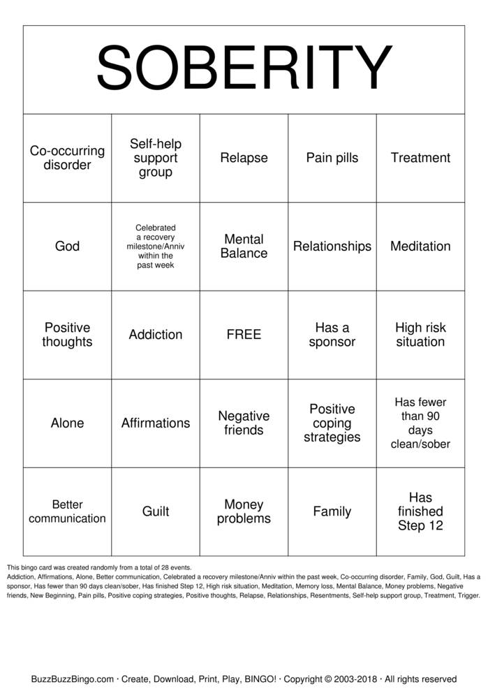 Recovery Bingo Cards To Download Print And Customize 