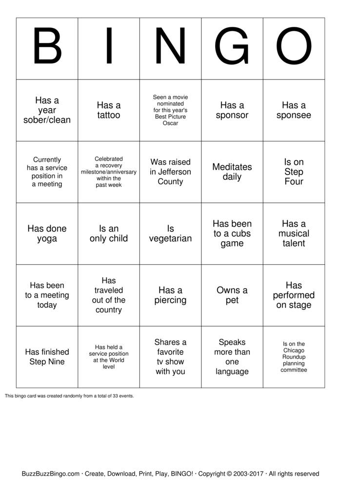 Recovery Bingo Cards To Download Print And Customize 