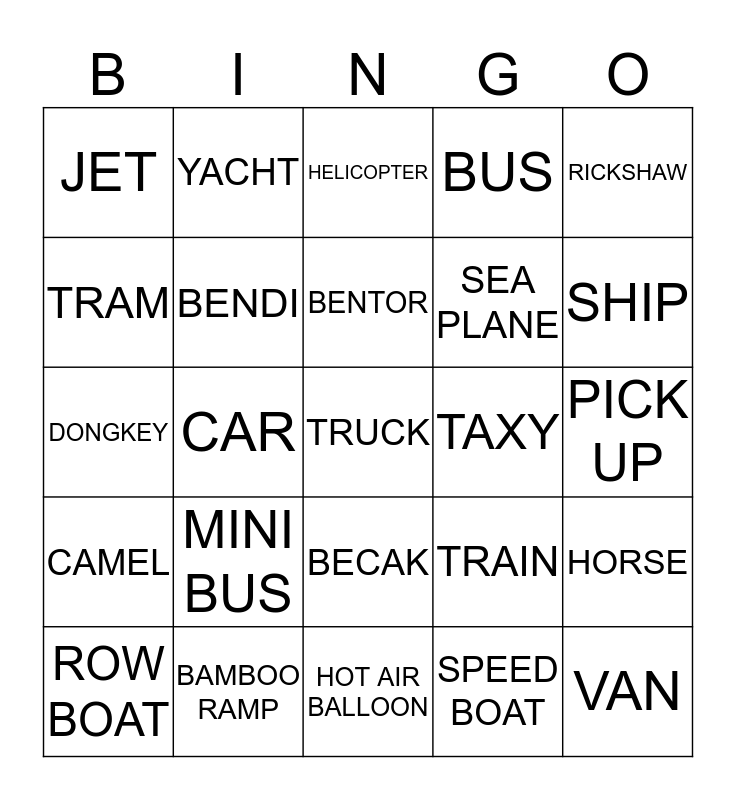 TRANSPORTATION Bingo Card