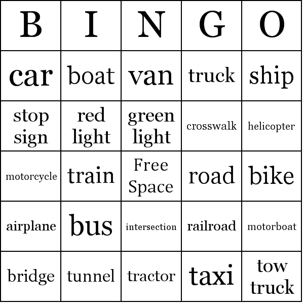 Transportation Bingo Cards