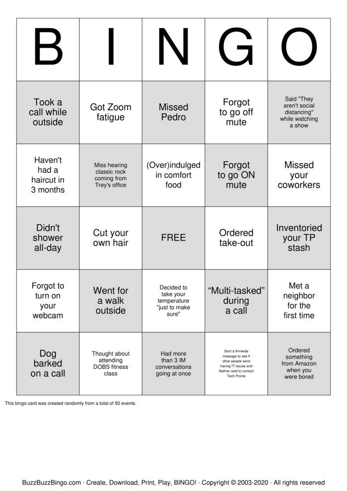 Work From Home Quarantine Bingo Cards To Download Print And Customize 