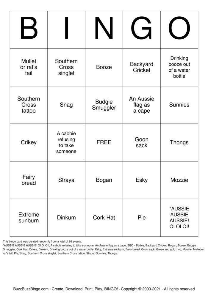 Australian Bingo Cards To Download Print And Customize