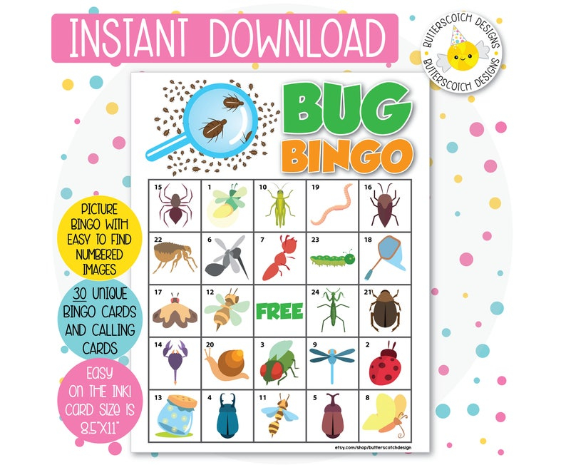 Bug Insect Printable Bingo Cards 30 Different Cards Instant Download 