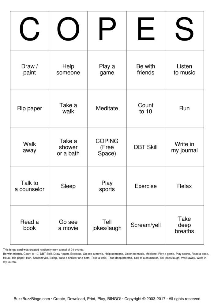 Coping Skills Bingo Cards To Download Print And Customize 