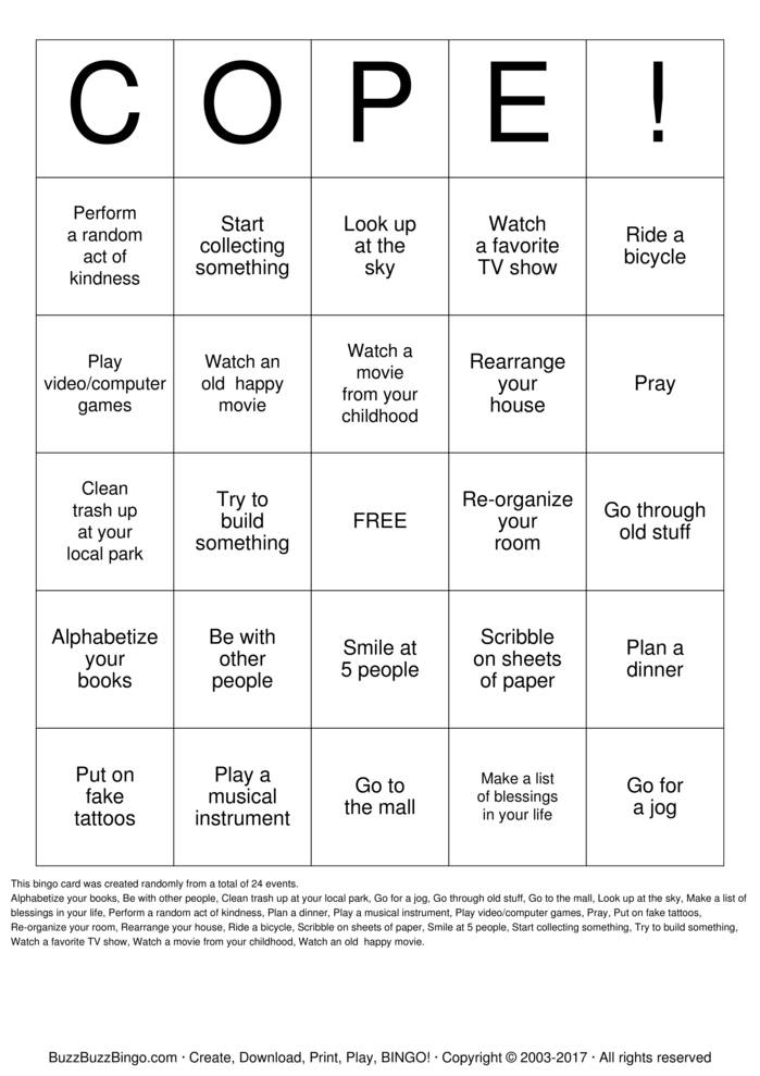 Coping Skills Bingo Free Printable Printable Templates