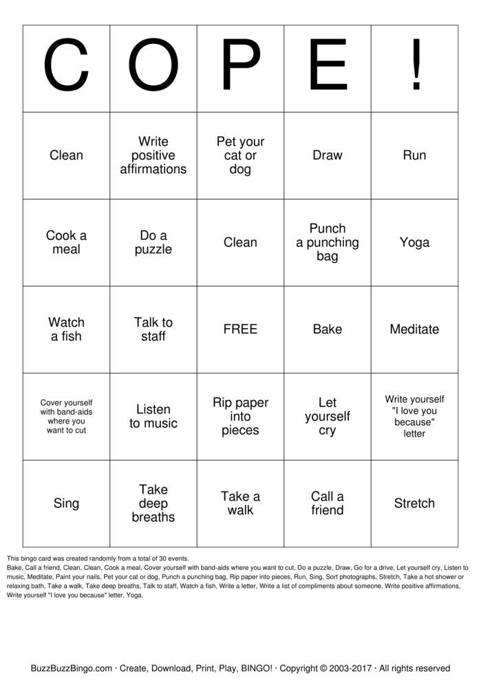 Coping Skills Bingo Free Printable Printable Templates