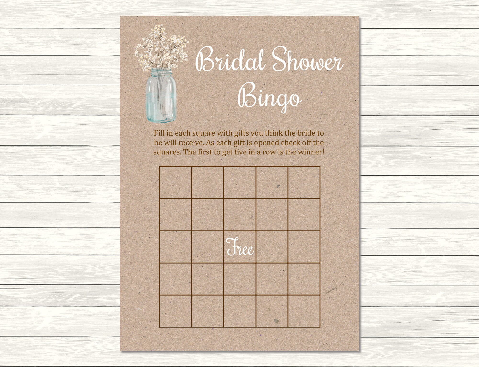 Gypsophila Mason Jar Bridal Shower Bingo Game Printable Etsy