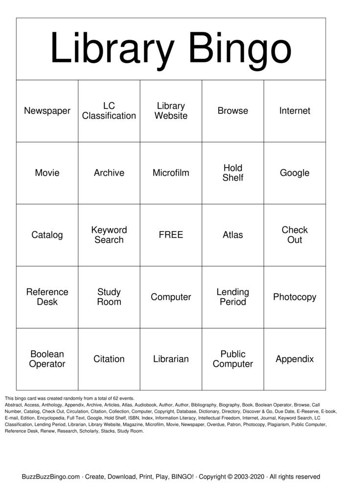 Library Bingo Bingo Cards To Download Print And Customize 