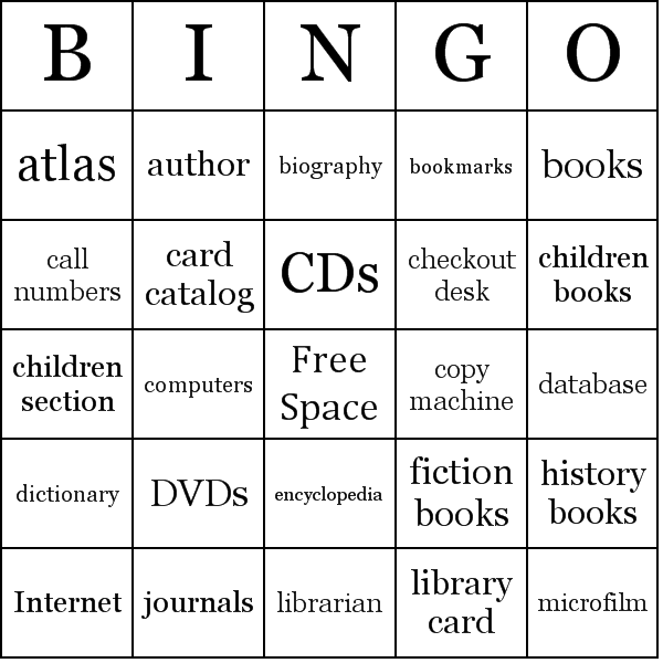 Library Bingo Cards