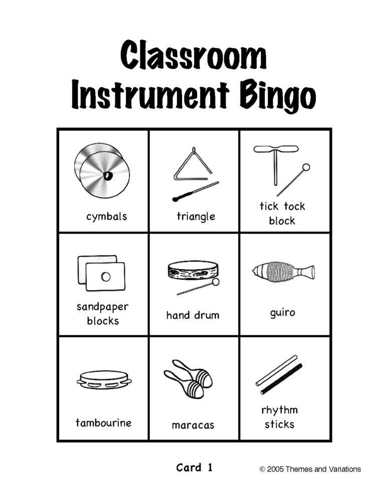 Musical Instrument Bingo Printable Cards Printable Bingo Cards